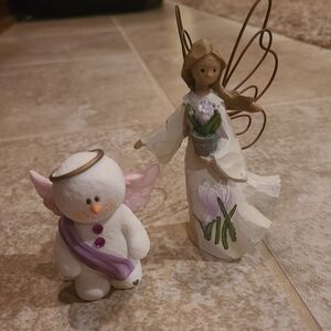 Angel and Snowman Figurine Set - White and Purple